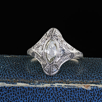 Antique Art Deco Moskowitz Bros. Platinum Old Cut Marquise Diamond Ring - GIA
