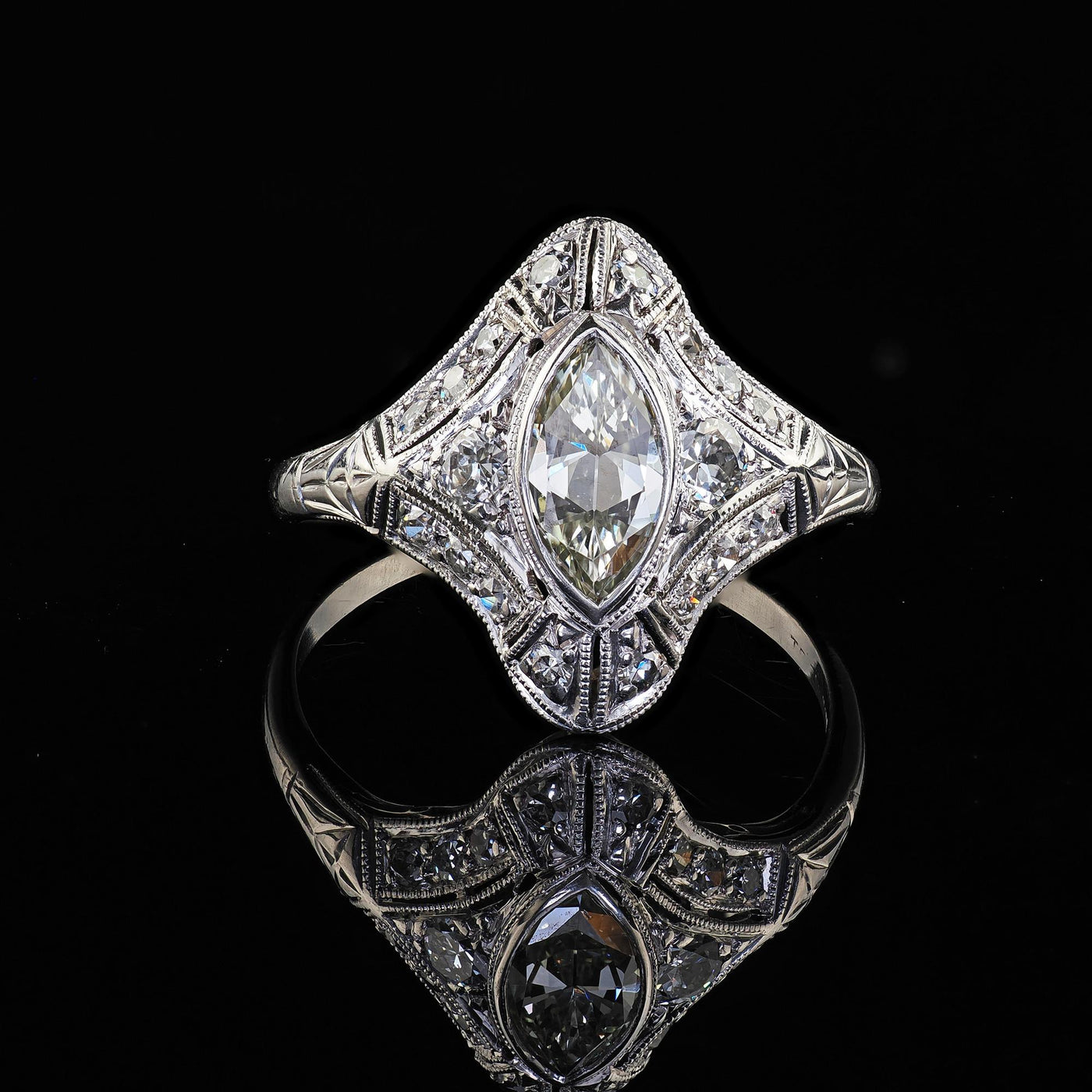 Antique Art Deco Moskowitz Bros. Platinum Old Cut Marquise Diamond Ring - GIA
