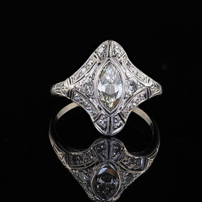 Antique Art Deco Moskowitz Bros. Platinum Old Cut Marquise Diamond Ring - GIA