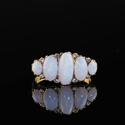 Antique Victorian English 18K Yellow Gold Opal and Diamond Five Stone Ring