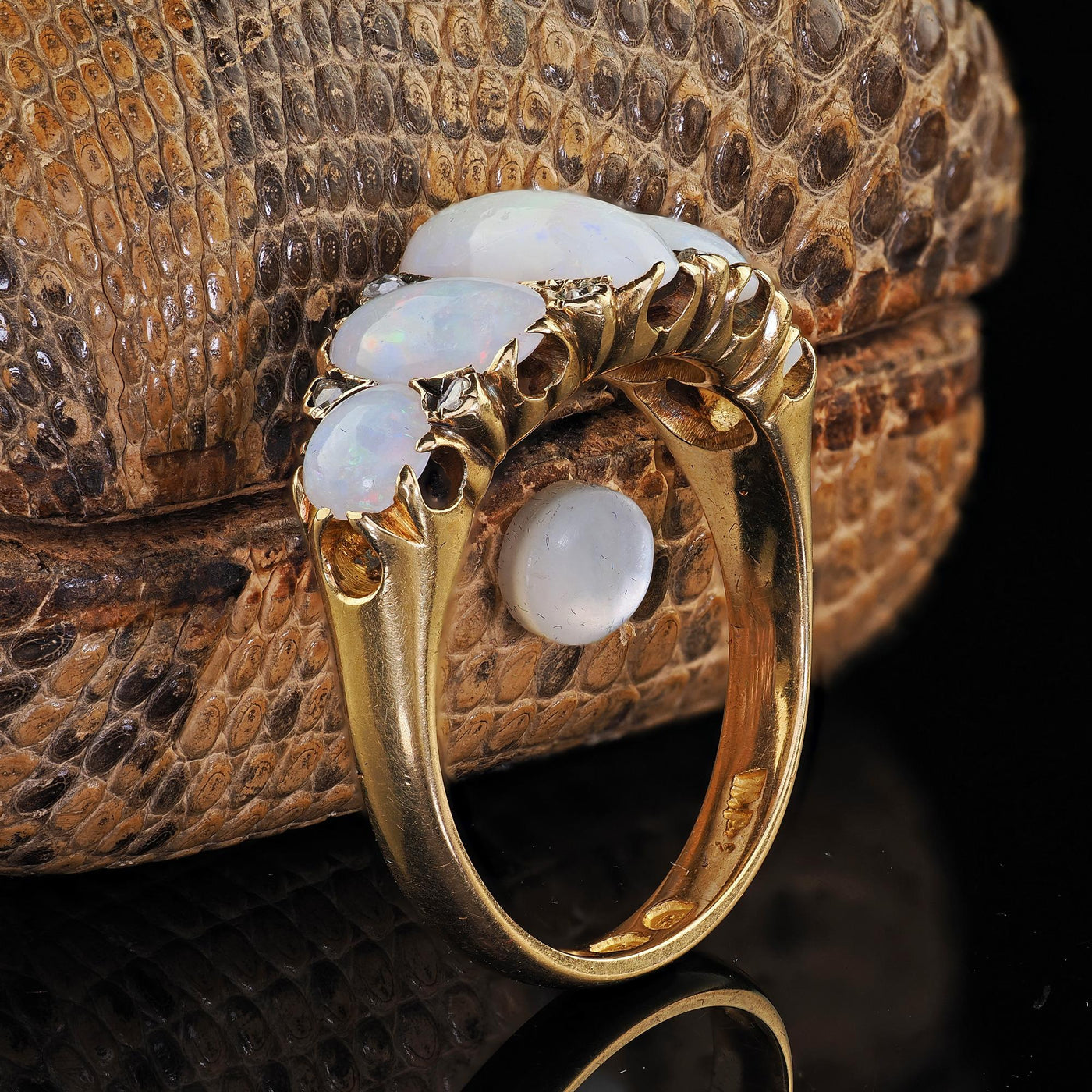Antique Victorian English 18K Yellow Gold Opal and Diamond Five Stone Ring