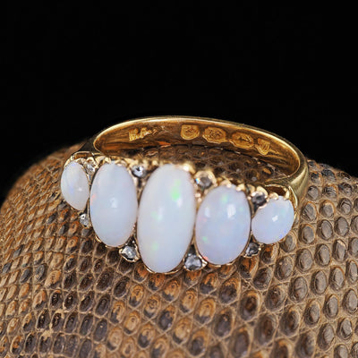 Antique Victorian English 18K Yellow Gold Opal and Diamond Five Stone Ring