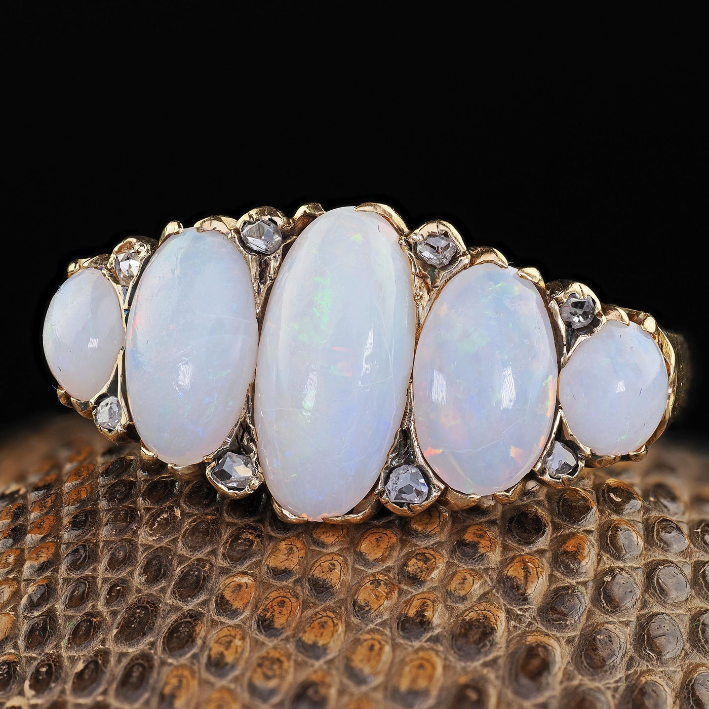 Antique Victorian English 18K Yellow Gold Opal and Diamond Five Stone Ring