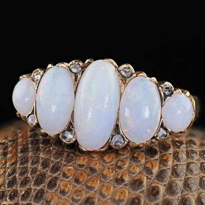Antique Victorian English 18K Yellow Gold Opal and Diamond Five Stone Ring