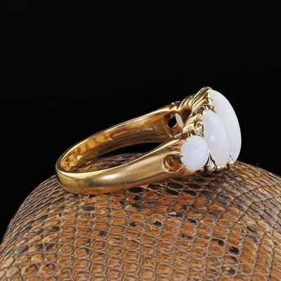 Antique Victorian English 18K Yellow Gold Opal and Diamond Five Stone Ring