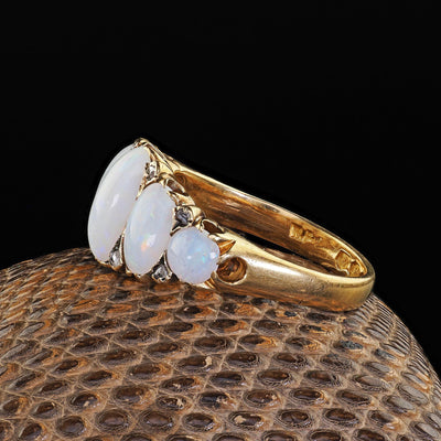 Antique Victorian English 18K Yellow Gold Opal and Diamond Five Stone Ring