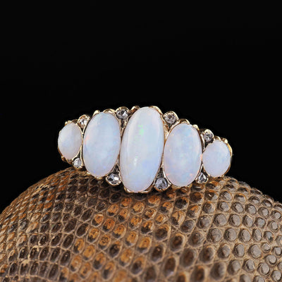Antique Victorian English 18K Yellow Gold Opal and Diamond Five Stone Ring