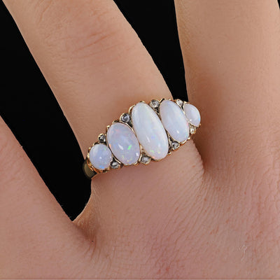 Antique Victorian English 18K Yellow Gold Opal and Diamond Five Stone Ring