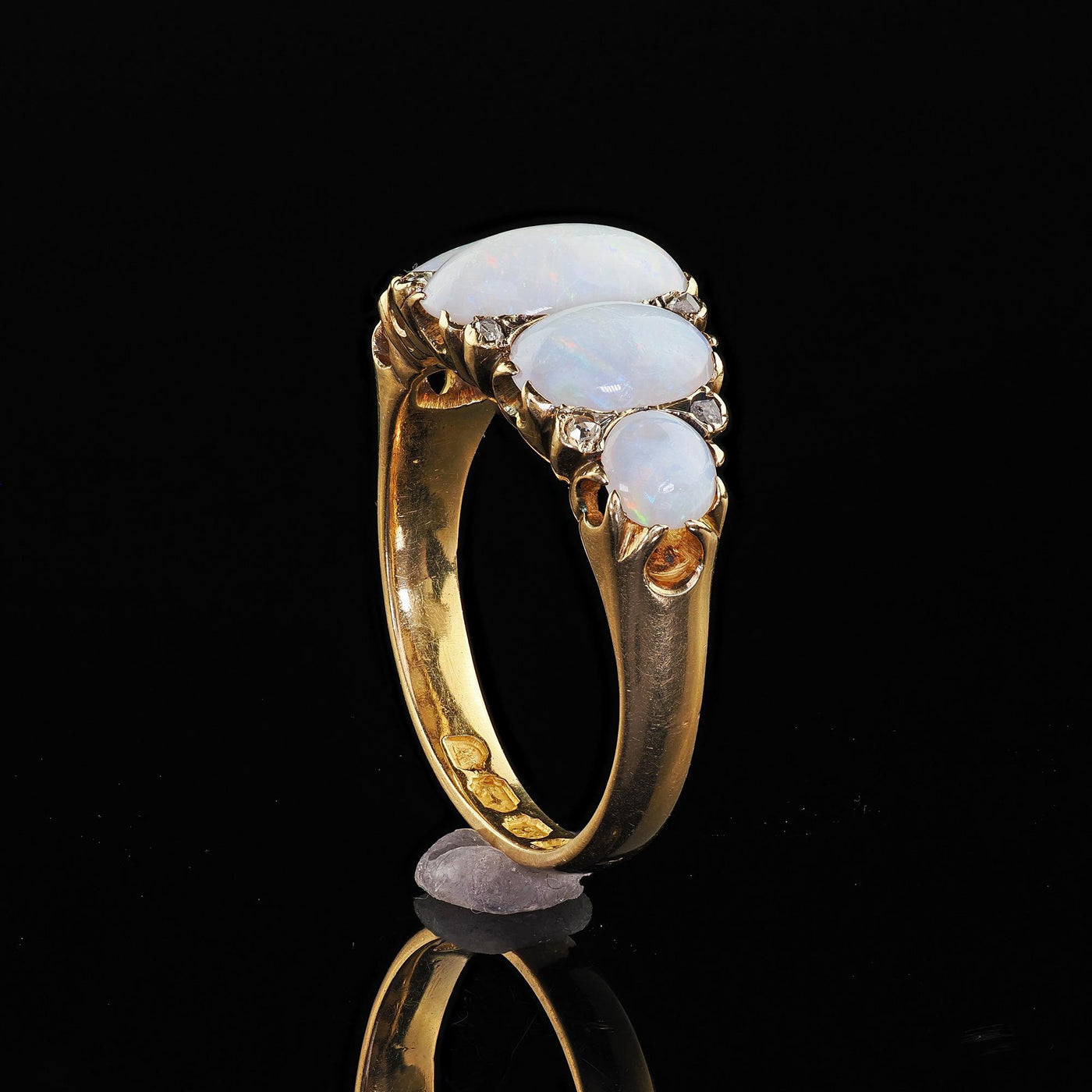 Antique Victorian English 18K Yellow Gold Opal and Diamond Five Stone Ring