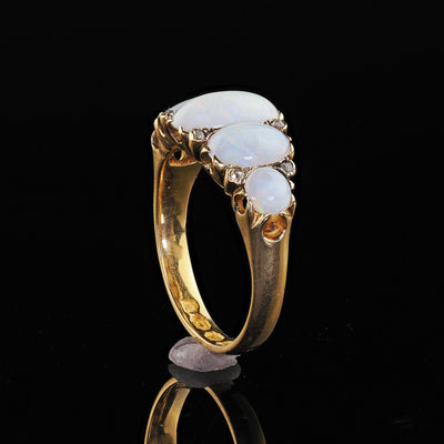 Antique Victorian English 18K Yellow Gold Opal and Diamond Five Stone Ring