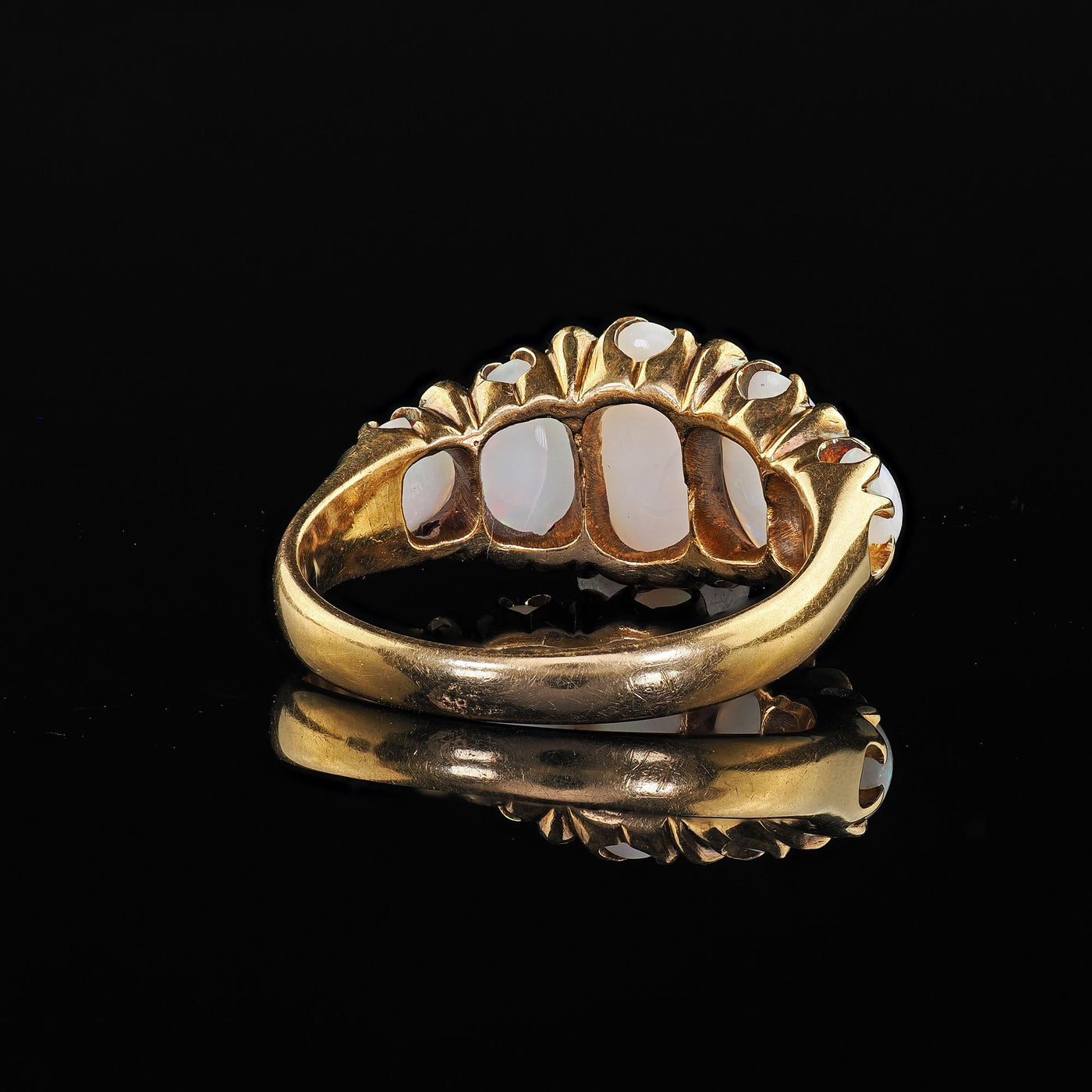 Antique Victorian English 18K Yellow Gold Opal and Diamond Five Stone Ring