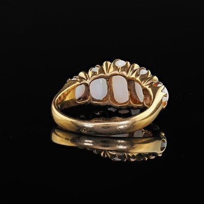 Antique Victorian English 18K Yellow Gold Opal and Diamond Five Stone Ring