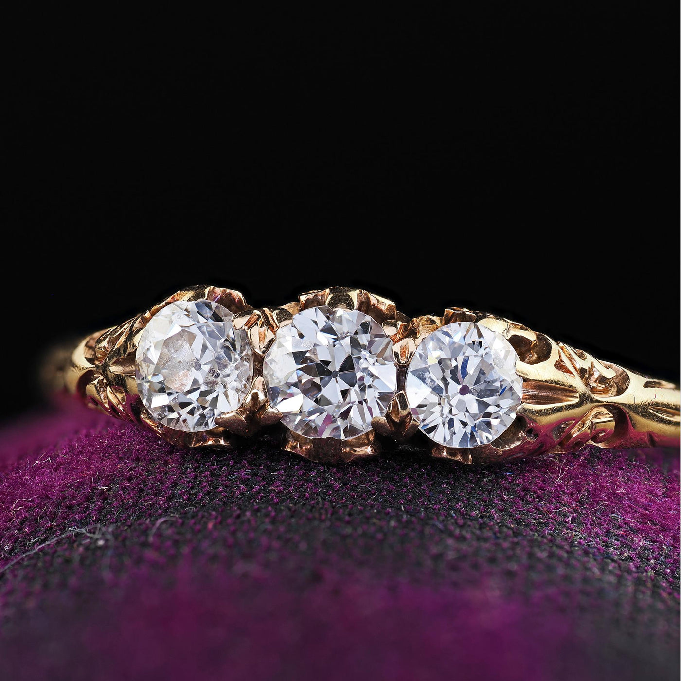 Antique Victorian 14K Yellow Gold Old Cut Diamond Three Stone Engraved Ring