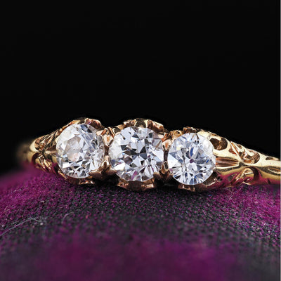 Antique Victorian 14K Yellow Gold Old Cut Diamond Three Stone Engraved Ring