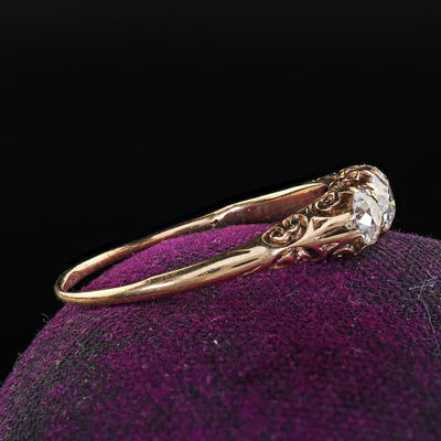 Antique Victorian 14K Yellow Gold Old Cut Diamond Three Stone Engraved Ring