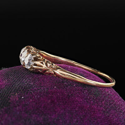 Antique Victorian 14K Yellow Gold Old Cut Diamond Three Stone Engraved Ring
