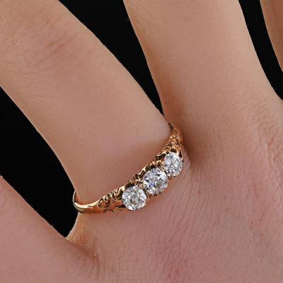 Antique Victorian 14K Yellow Gold Old Cut Diamond Three Stone Engraved Ring