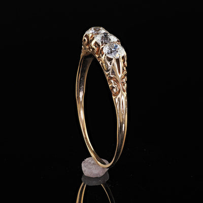 Antique Victorian 14K Yellow Gold Old Cut Diamond Three Stone Engraved Ring