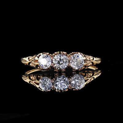 Antique Victorian 14K Yellow Gold Old Cut Diamond Three Stone Engraved Ring