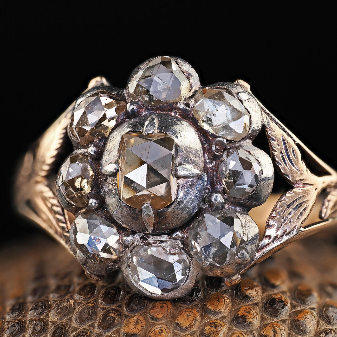 Antique Georgian 12K Yellow Gold and Silver Old Cut Diamond Cluster Ring