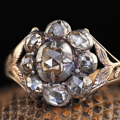 Antique Georgian 12K Yellow Gold and Silver Old Cut Diamond Cluster Ring