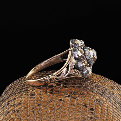 Antique Georgian 12K Yellow Gold and Silver Old Cut Diamond Cluster Ring