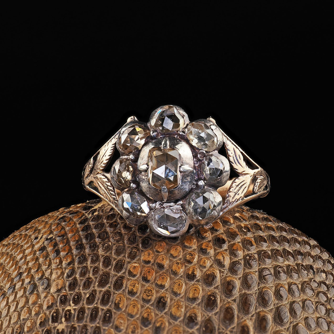 Antique Georgian 12K Yellow Gold and Silver Old Cut Diamond Cluster Ring