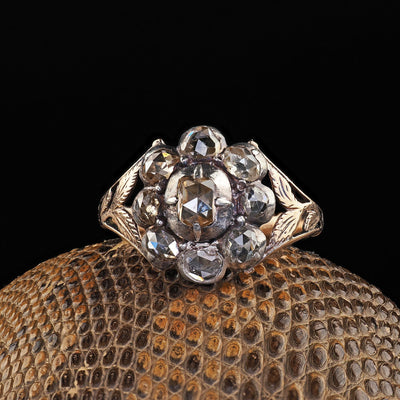 Antique Georgian 12K Yellow Gold and Silver Old Cut Diamond Cluster Ring