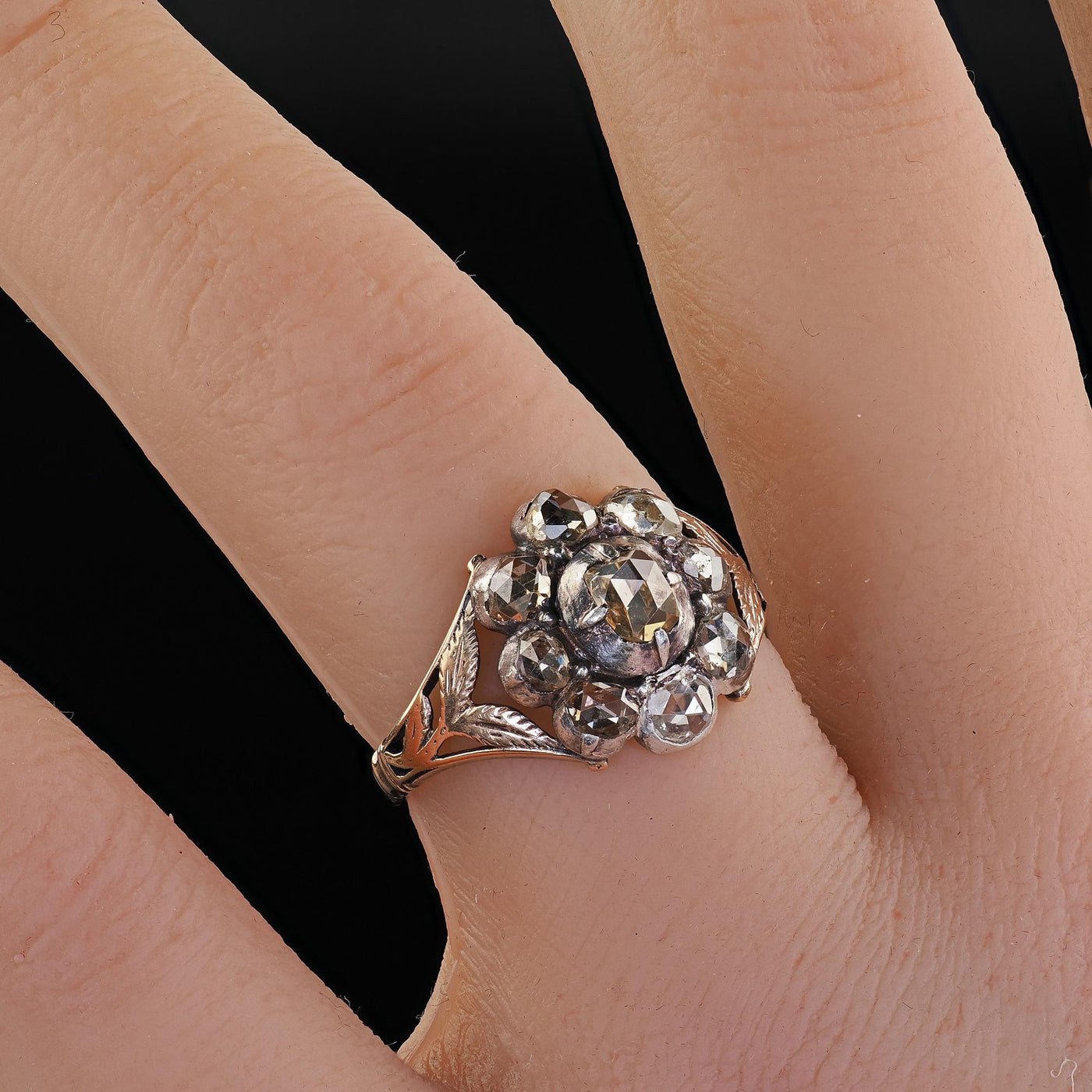 Antique Georgian 12K Yellow Gold and Silver Old Cut Diamond Cluster Ring
