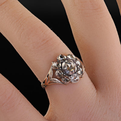 Antique Georgian 12K Yellow Gold and Silver Old Cut Diamond Cluster Ring