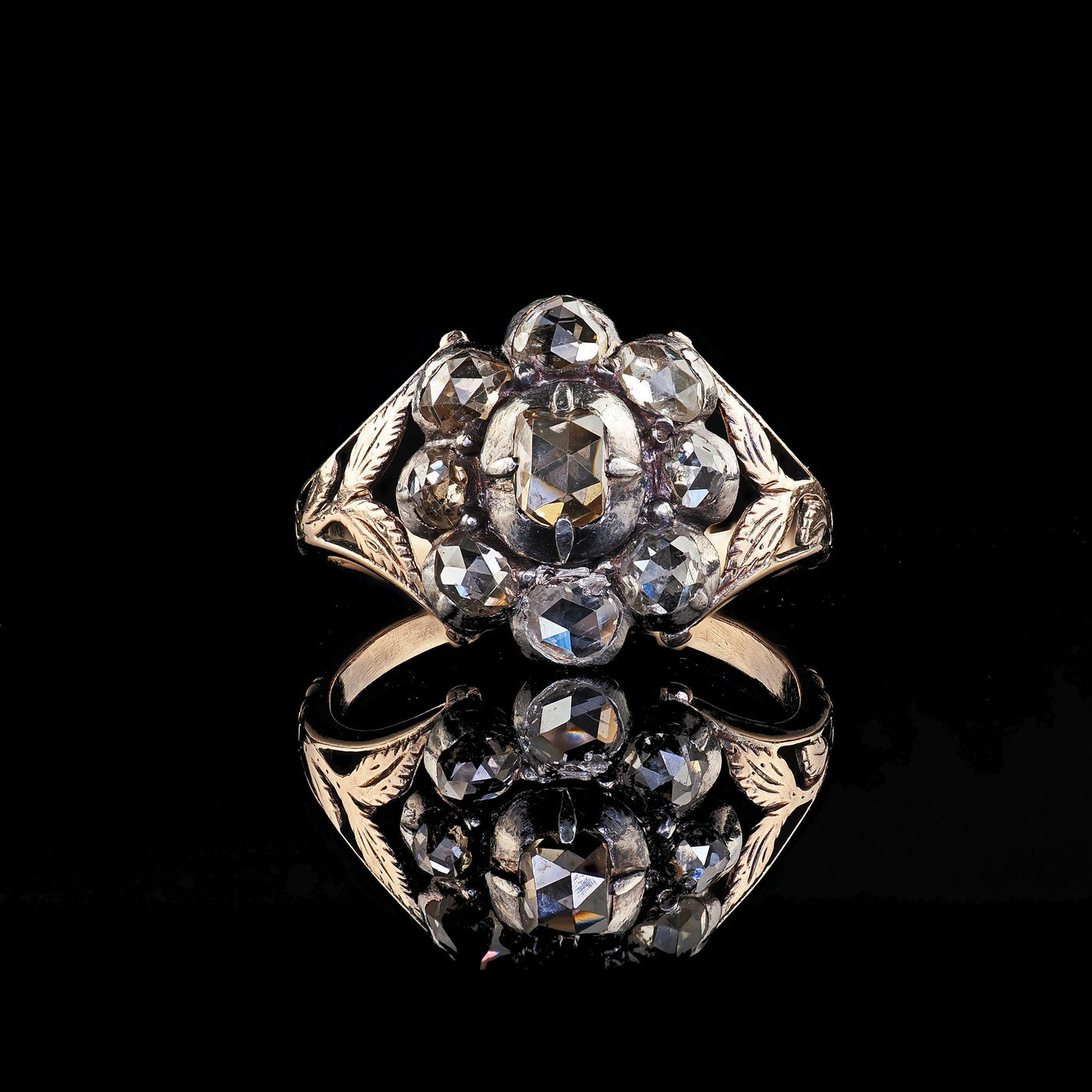 Antique Georgian 12K Yellow Gold and Silver Old Cut Diamond Cluster Ring