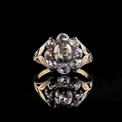Antique Georgian 12K Yellow Gold and Silver Old Cut Diamond Cluster Ring