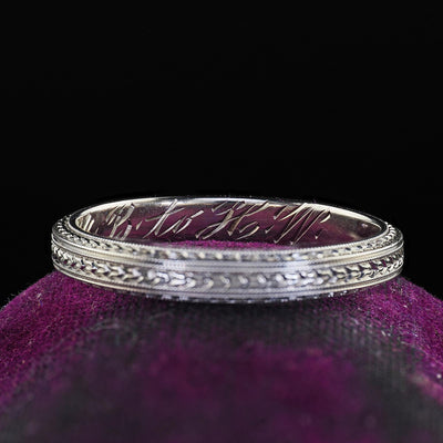 Vintage Art Deco Woods Sons 18K White Gold Engraved Wheat Pattern Wedding Band