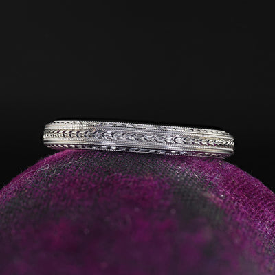 Vintage Art Deco Woods Sons 18K White Gold Engraved Wheat Pattern Wedding Band