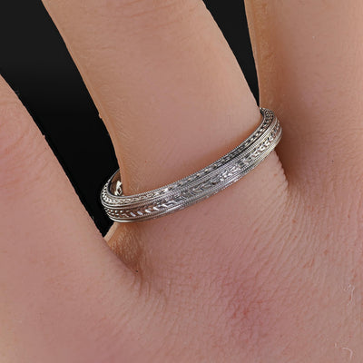 Vintage Art Deco Woods Sons 18K White Gold Engraved Wheat Pattern Wedding Band