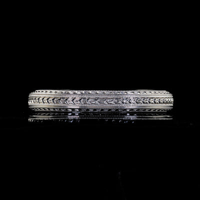 Vintage Art Deco Woods Sons 18K White Gold Engraved Wheat Pattern Wedding Band