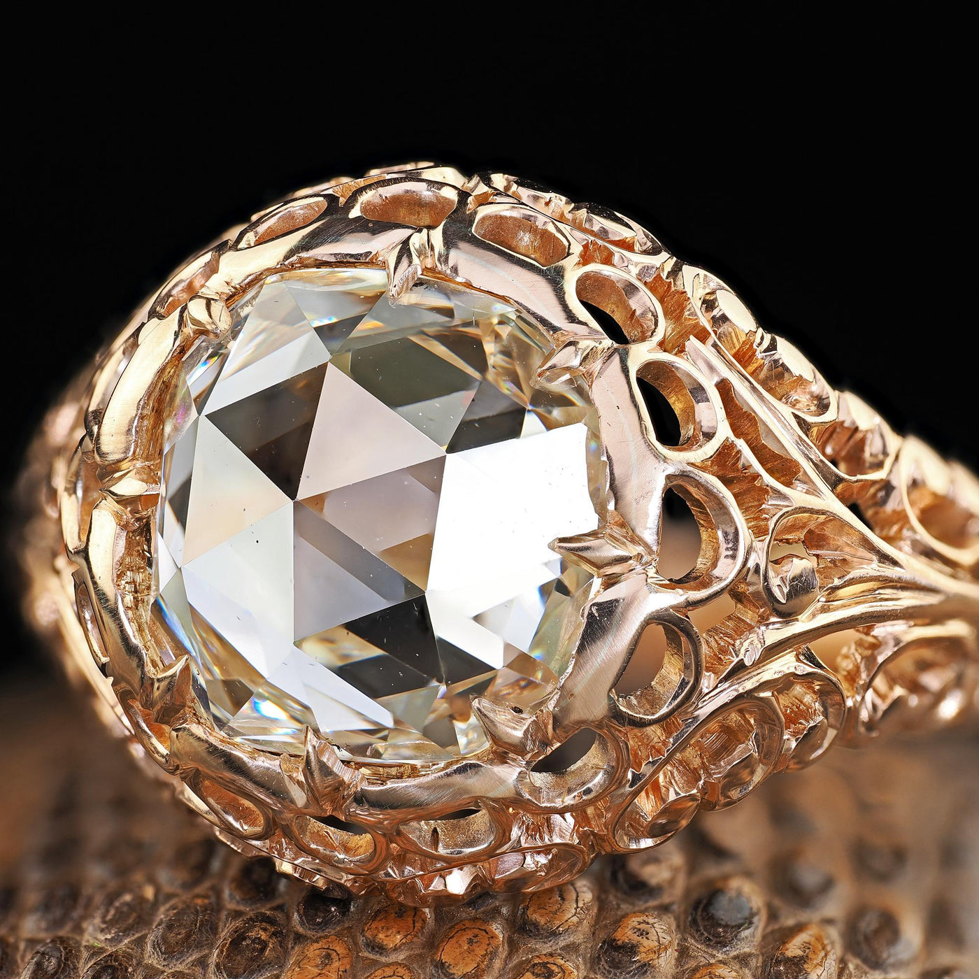 Antique Victorian 14K Gold Rose Cut Diamond Filigree Engagement Ring - GIA