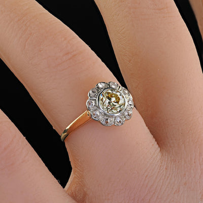 Antique Art Deco 14K Yellow Gold Yellow Old Euro Diamond Engagement Ring - GIA
