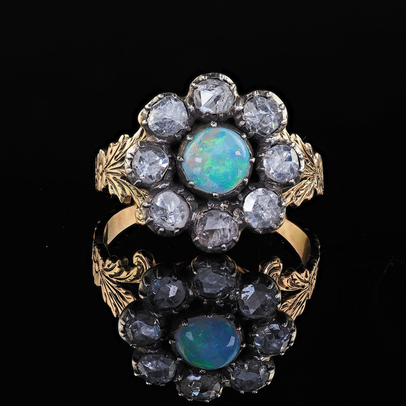 Antique Victorian 18K Gold and Silver Rose Cut Diamond and Opal Engagement Ring