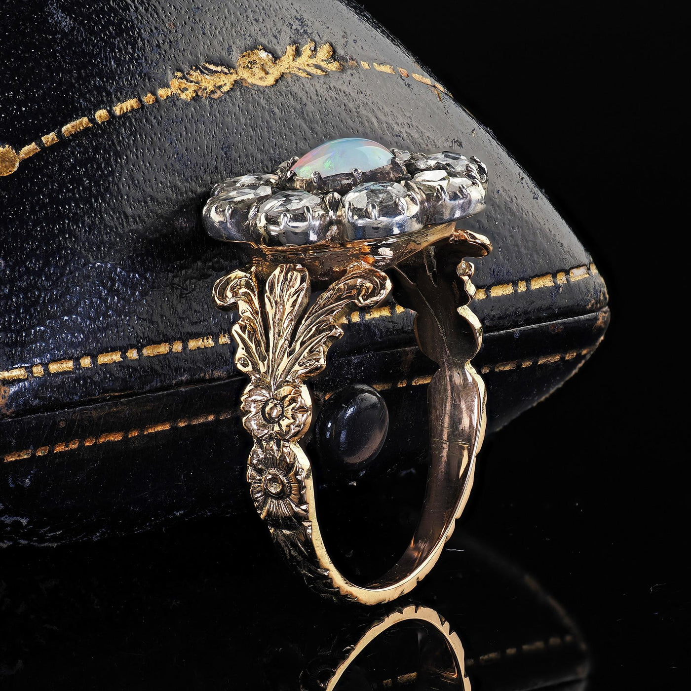 Antique Victorian 18K Gold and Silver Rose Cut Diamond and Opal Engagement Ring