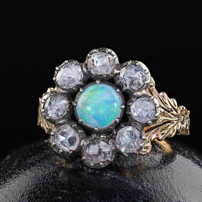 Antique Victorian 18K Gold and Silver Rose Cut Diamond and Opal Engagement Ring