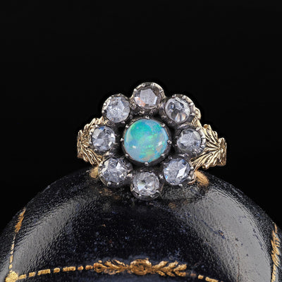 Antique Victorian 18K Gold and Silver Rose Cut Diamond and Opal Engagement Ring