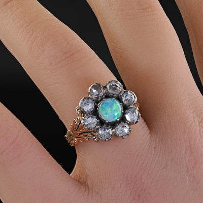 Antique Victorian 18K Gold and Silver Rose Cut Diamond and Opal Engagement Ring