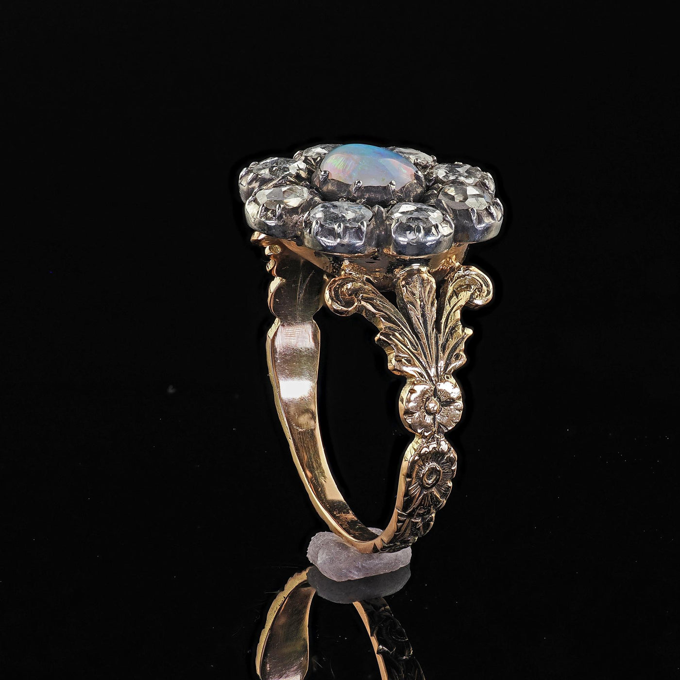 Antique Victorian 18K Gold and Silver Rose Cut Diamond and Opal Engagement Ring