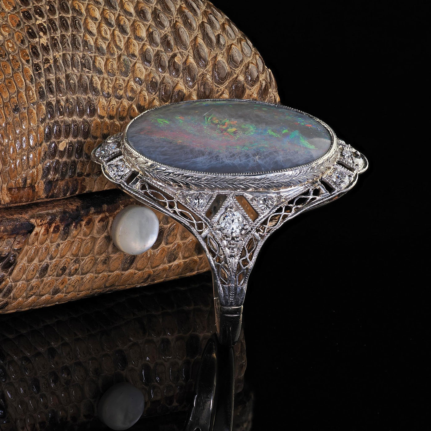 Antique Edwardian 14K White Gold Platinum Top Black Opal Old Euro Diamond Ring