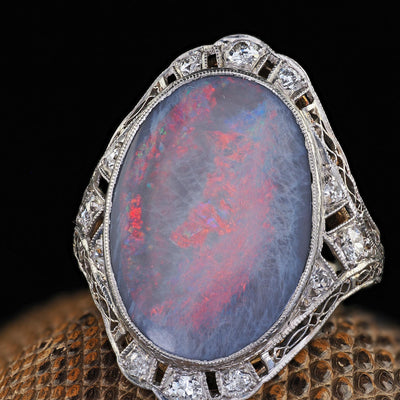 Antique Edwardian 14K White Gold Platinum Top Black Opal Old Euro Diamond Ring