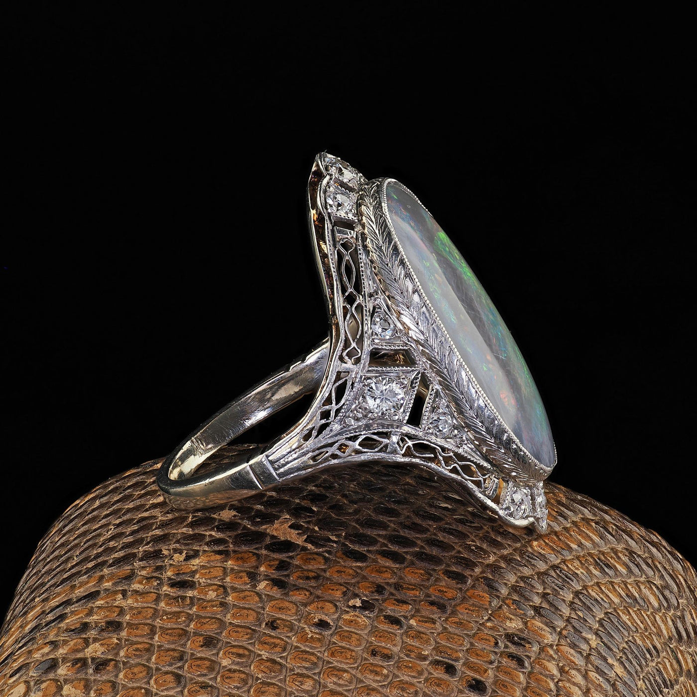 Antique Edwardian 14K White Gold Platinum Top Black Opal Old Euro Diamond Ring