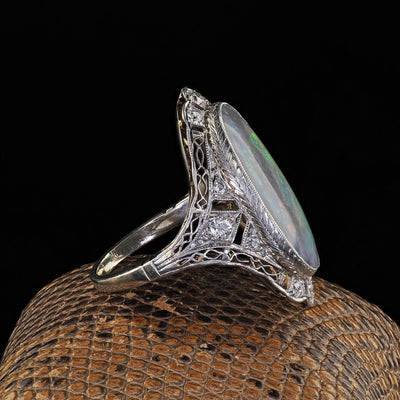 Antique Edwardian 14K White Gold Platinum Top Black Opal Old Euro Diamond Ring