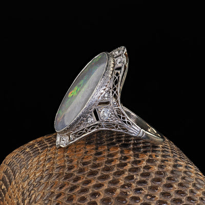 Antique Edwardian 14K White Gold Platinum Top Black Opal Old Euro Diamond Ring