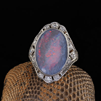 Antique Edwardian 14K White Gold Platinum Top Black Opal Old Euro Diamond Ring